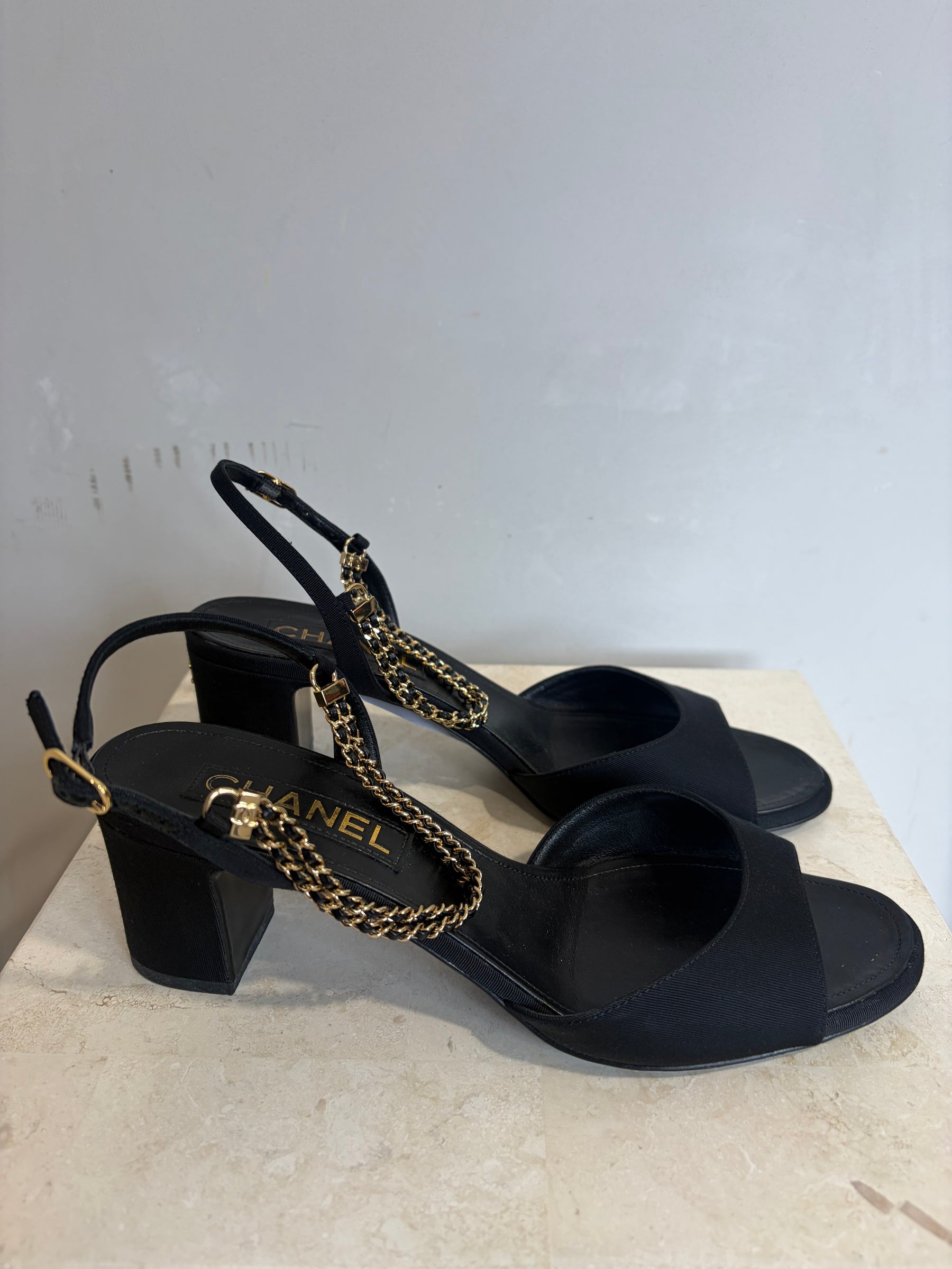 Chanel Black Grosgrain Peep-toe Chain Slingback Heels, 39C