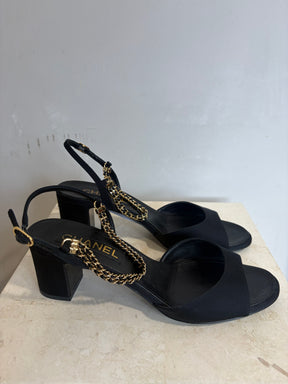 Chanel Black Grosgrain Peep-toe Chain Slingback Heels, 39C