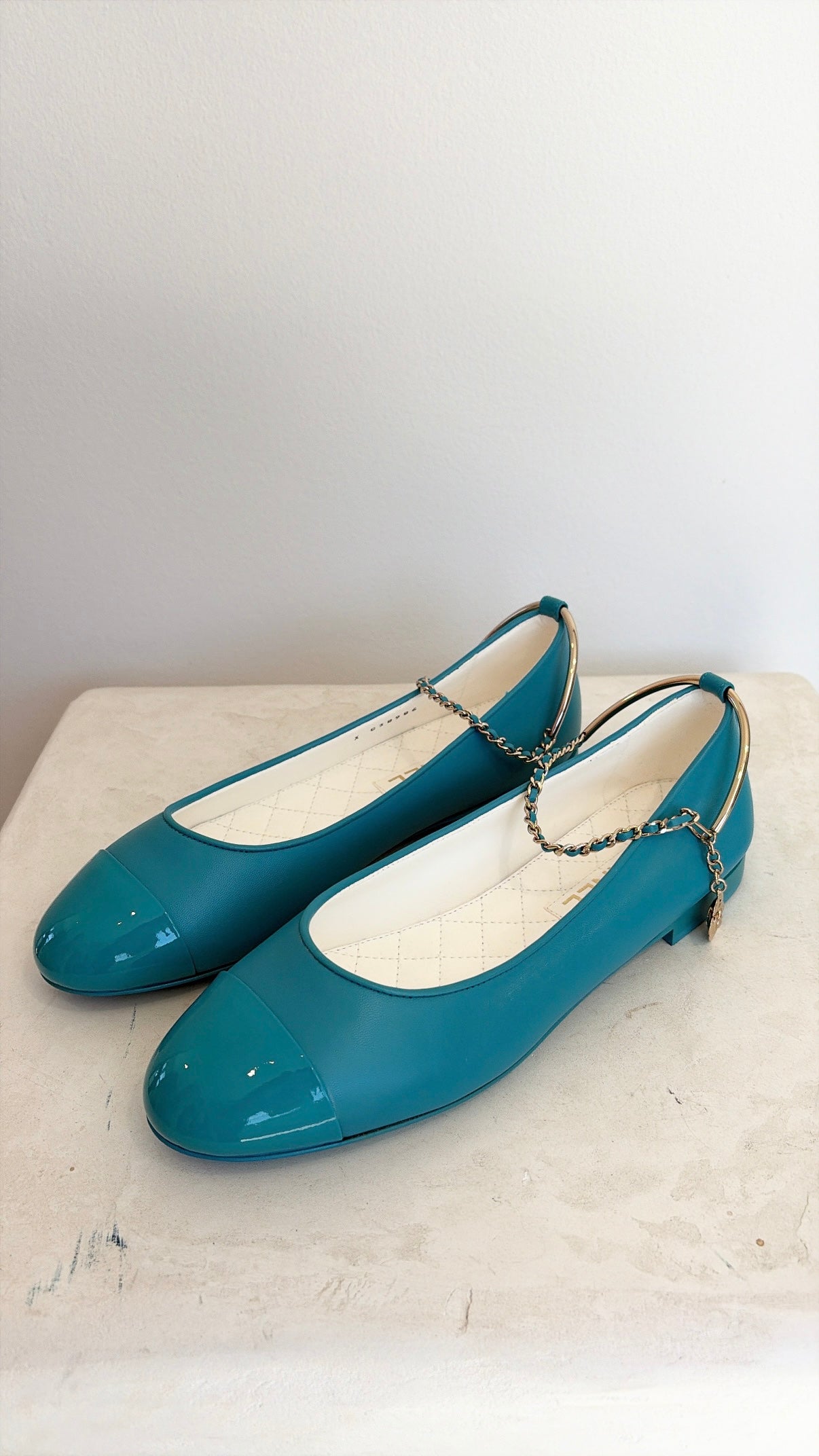 Chanel Teal Leather Gold Ankle Bracelet Strap Mary Janes, 40 C