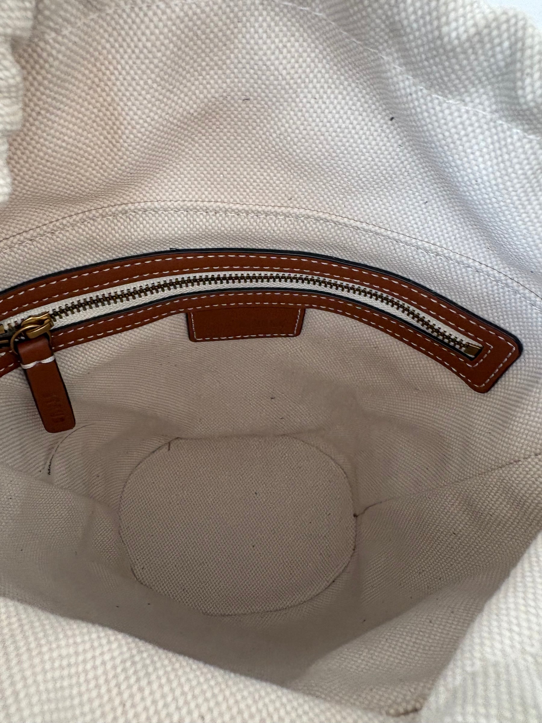 STAUD Tan Leather and Canvas Bucket Bag