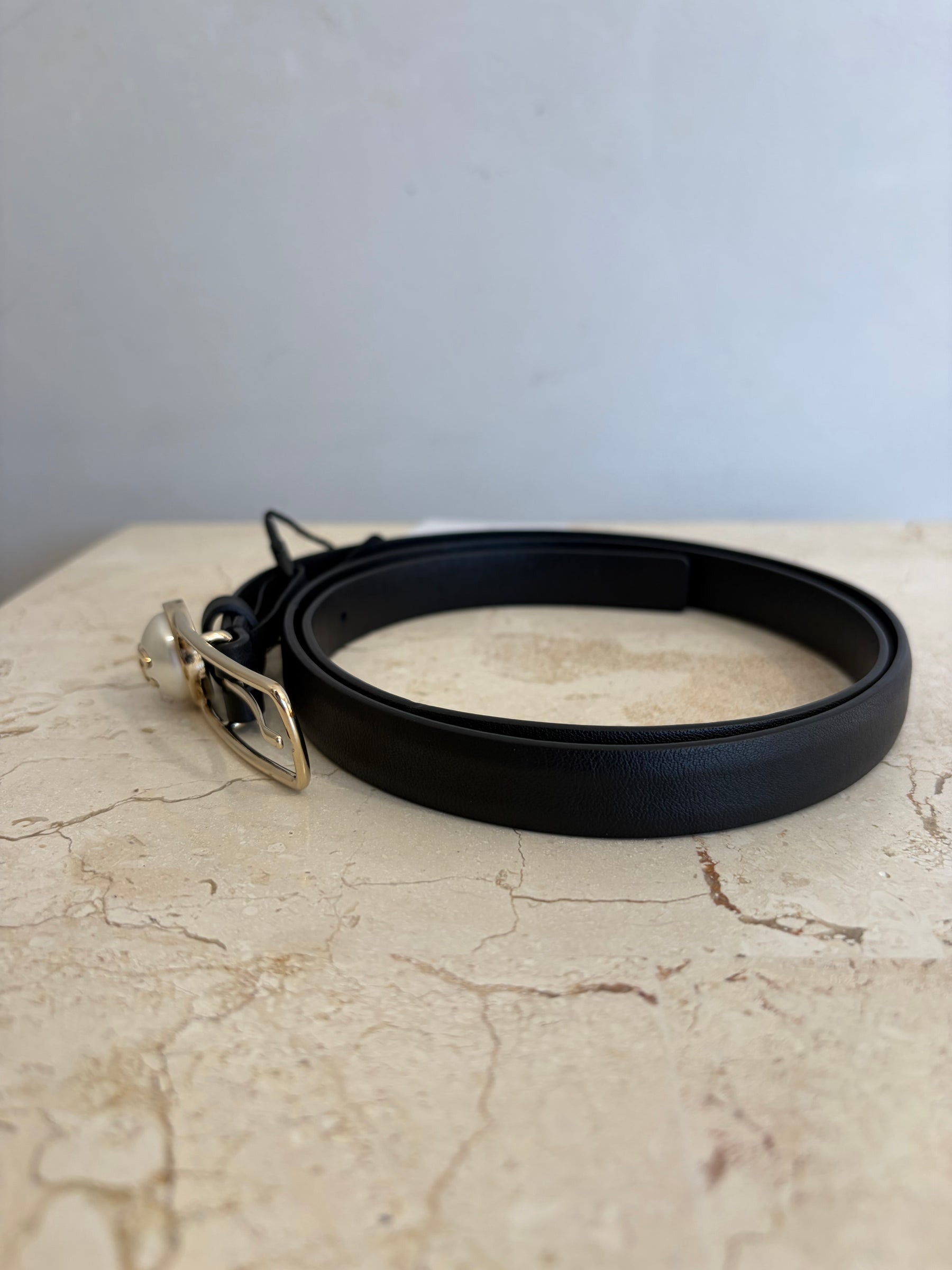 Chanel Black Leather Pearl Logo Thin Belt, 85