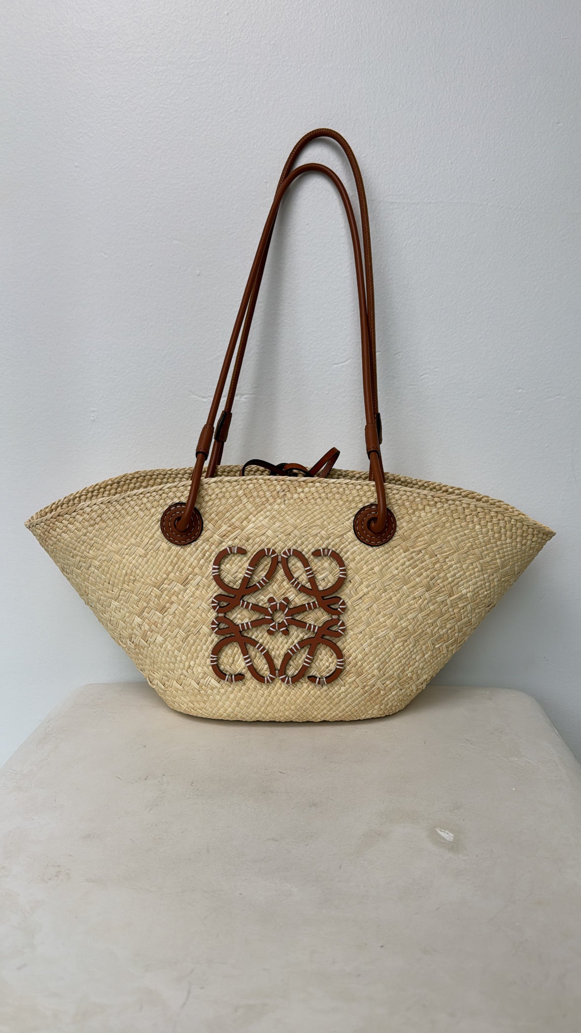 Loewe Paula's Ibiza Anagram Small Leather Trimmed Woven Raffia Tote