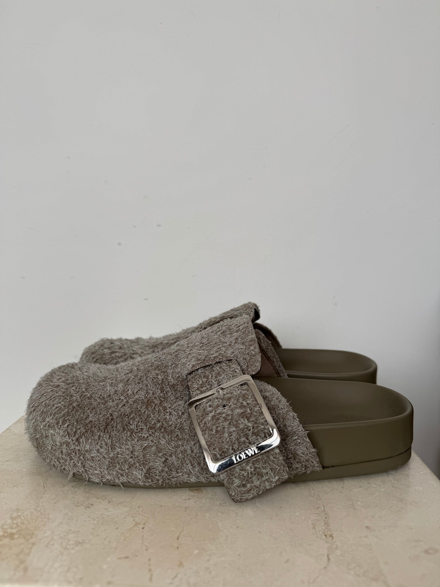 Loewe Taupe Ease Buckle Mules, 38