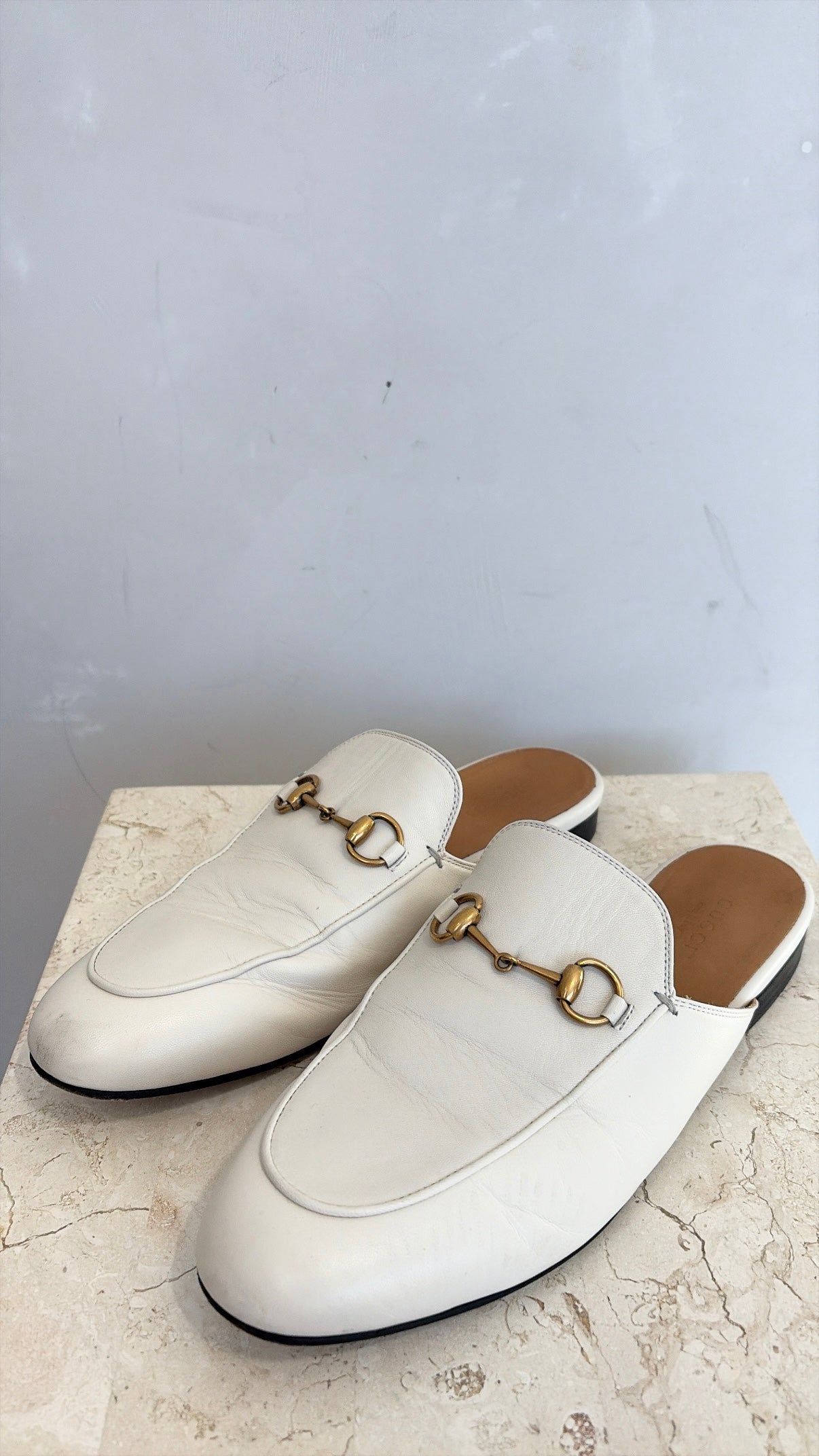 Gucci White Leather Princetown Mules, 38