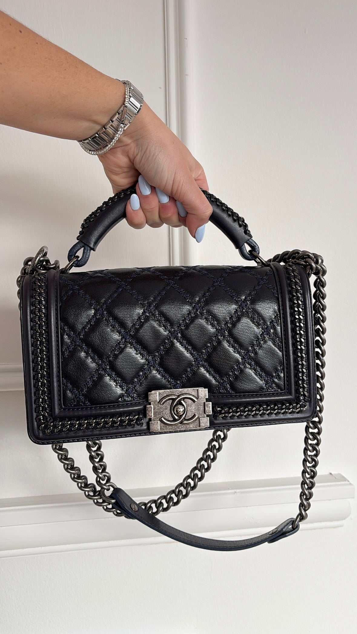 Chanel Navy Glossed Quilted Leather with Top Handle Old Medium Boy Bag