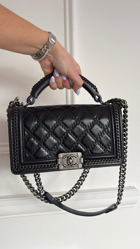 Chanel Navy Glossed Quilted Leather with Top Handle Old Medium Boy Bag