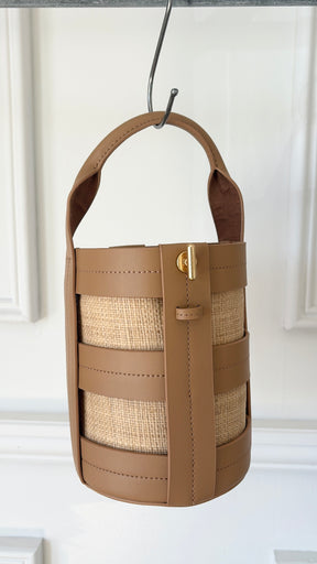 Oroton Beige Leather and Raffia Top Handle Bucket Bag