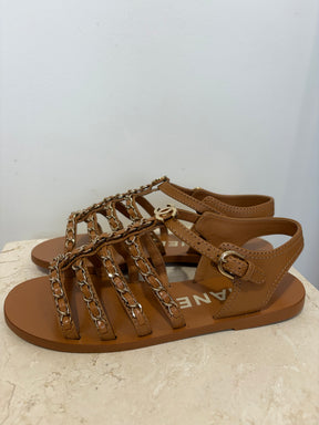 Chanel Tan Leather Chain Sandals, 37 C