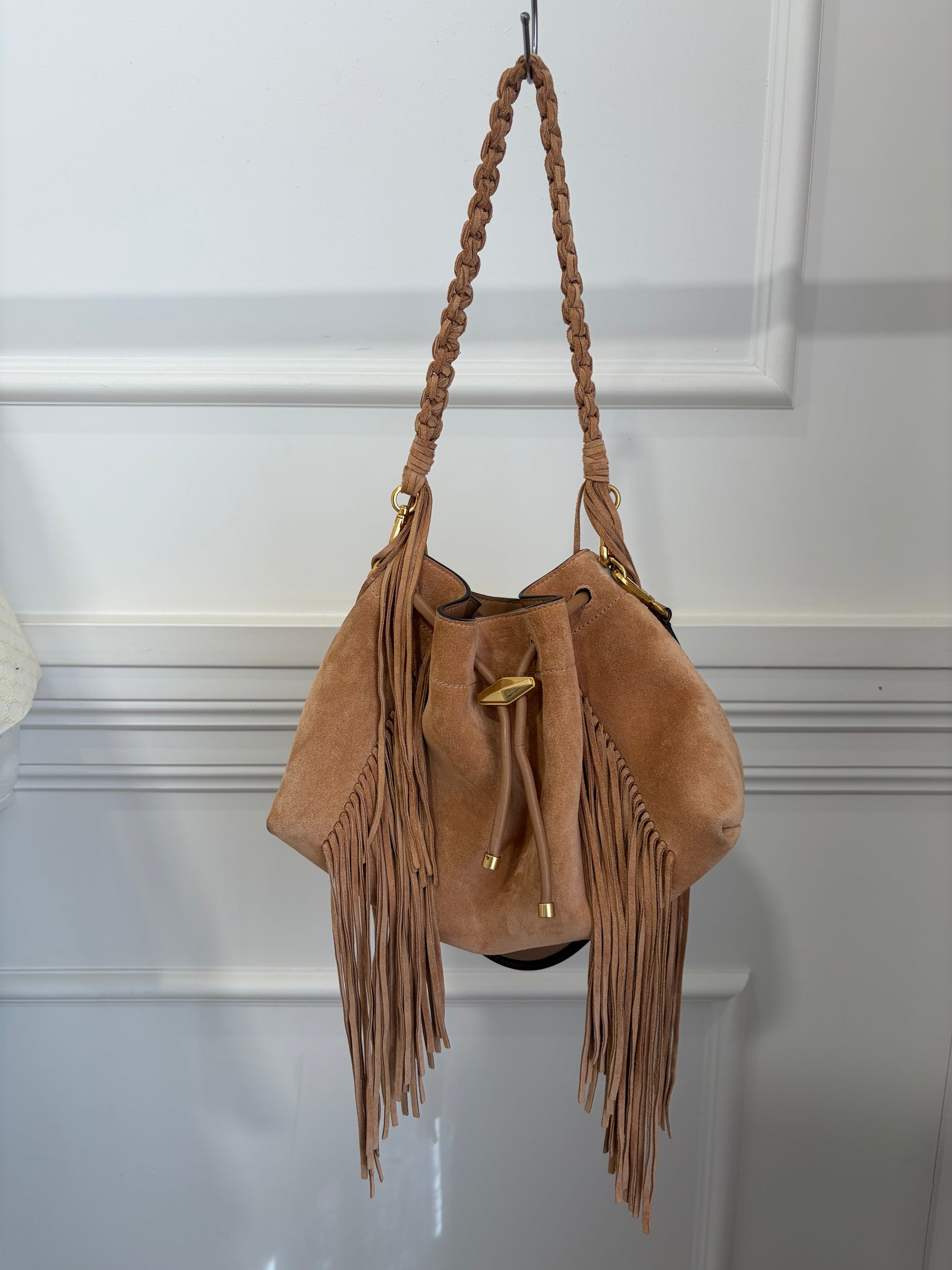 Jimmy Choo Toffee Suede Fringed Cinch Medium Bag