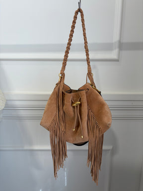 Jimmy Choo Toffee Suede Fringed Cinch Medium Bag
