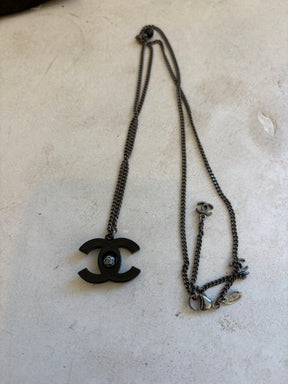 Chanel Black Metal CC Camellia Flower Necklace