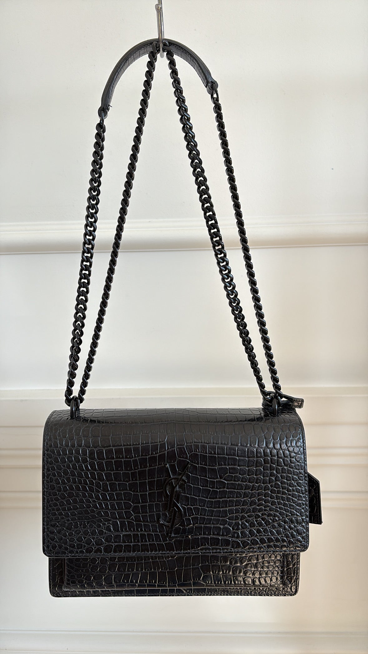 Saint Laurent Black Croc Embossed Leather Sunset Bag
