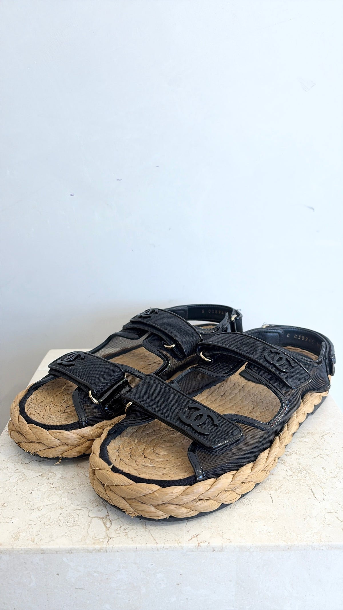 Chanel Black Mesh and Raffia Dad Sandals, 39.5