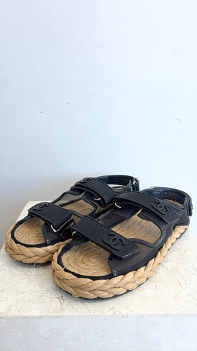 Chanel Black Mesh and Raffia Dad Sandals, 39.5