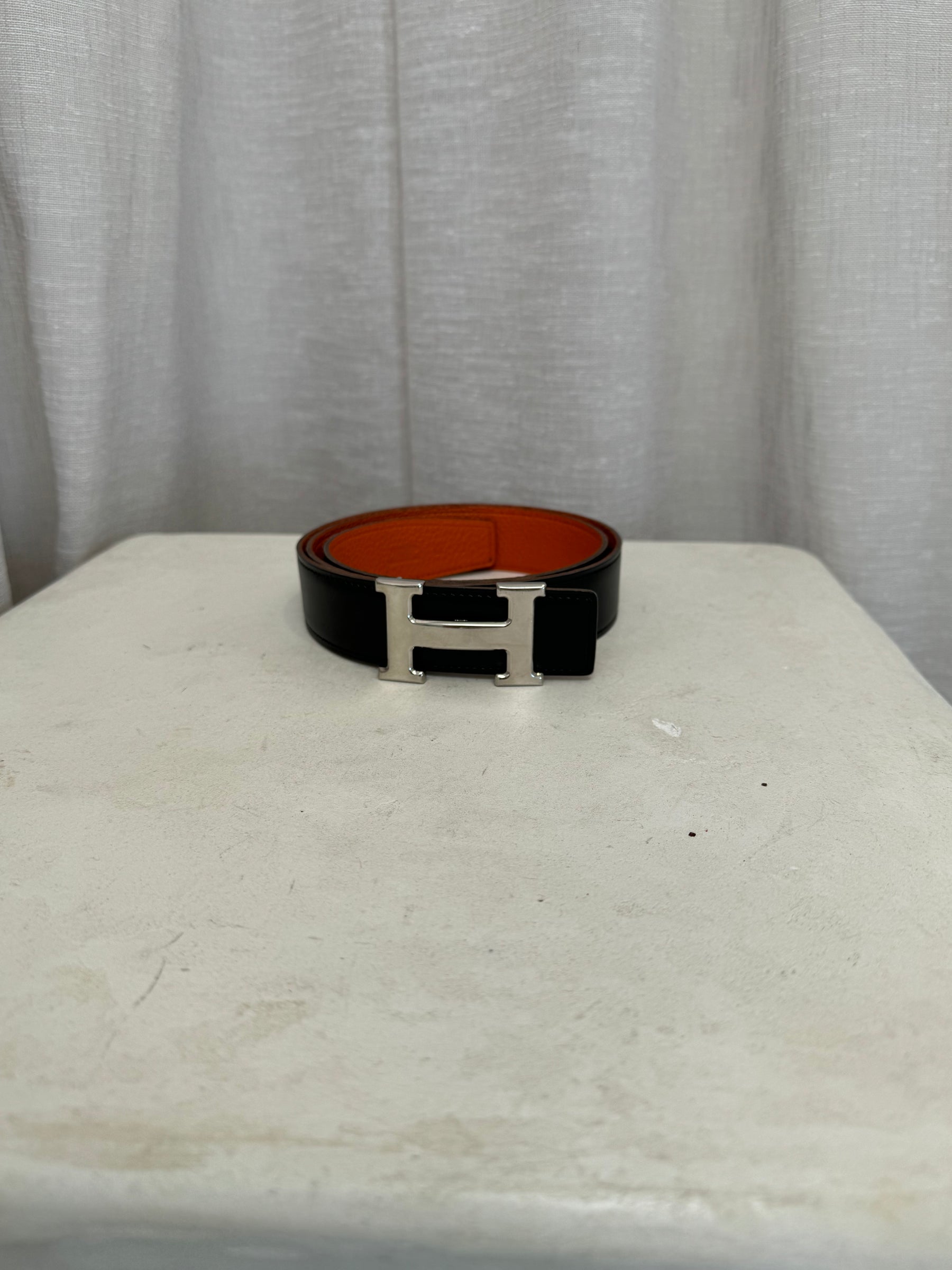 Hermès Black and Orange Leather Reversible H Buckle Belt in Silver, 90cm