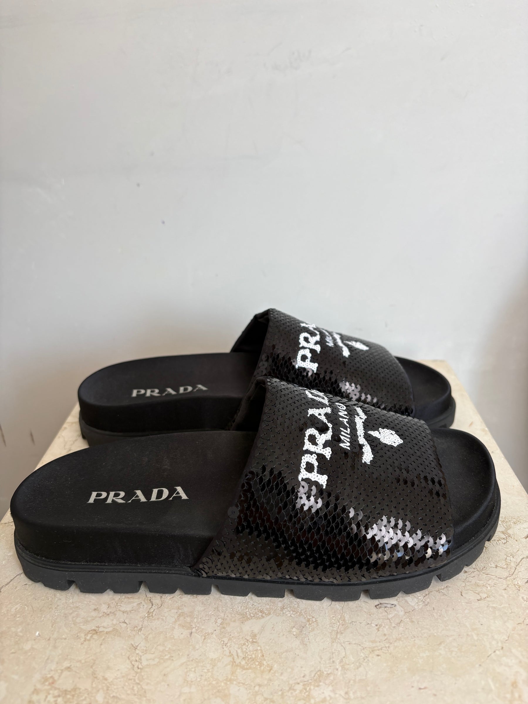Prada Black Sequiin Logo Slides, 36.5