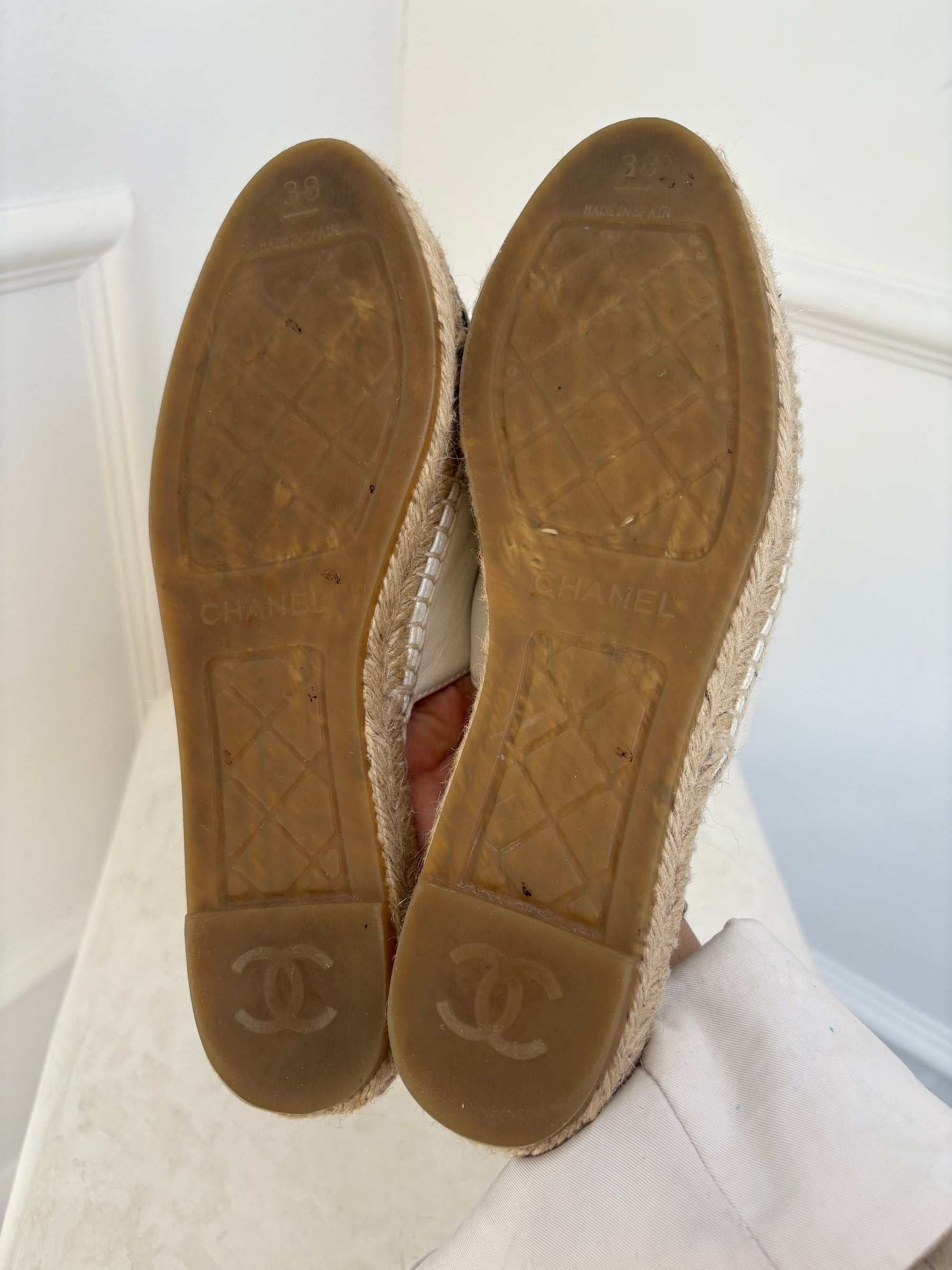 Chanel Logo Leather Espadrille Slide Black White, 38