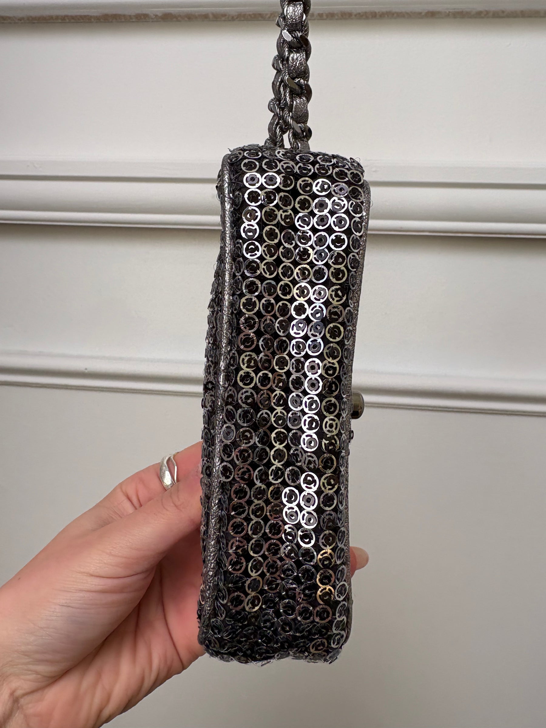 Chanel Pewter and Silver Hidden Sequin Micro Flap bag