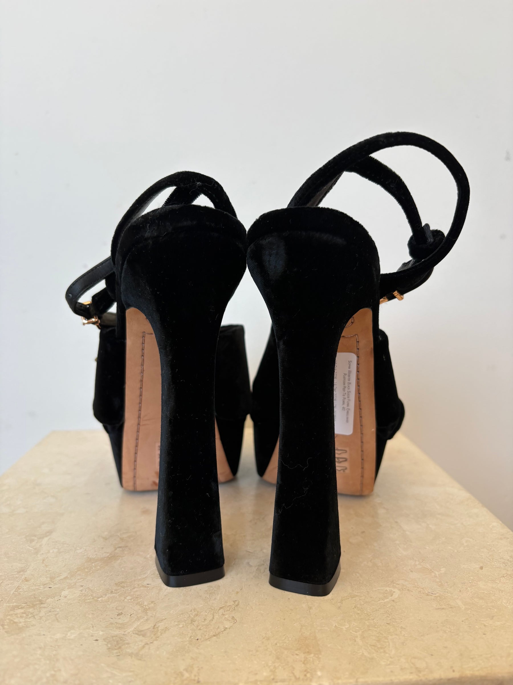 Sophia Webster Black Suede Floral Embellished Platform Peep Tie Pumps, 40