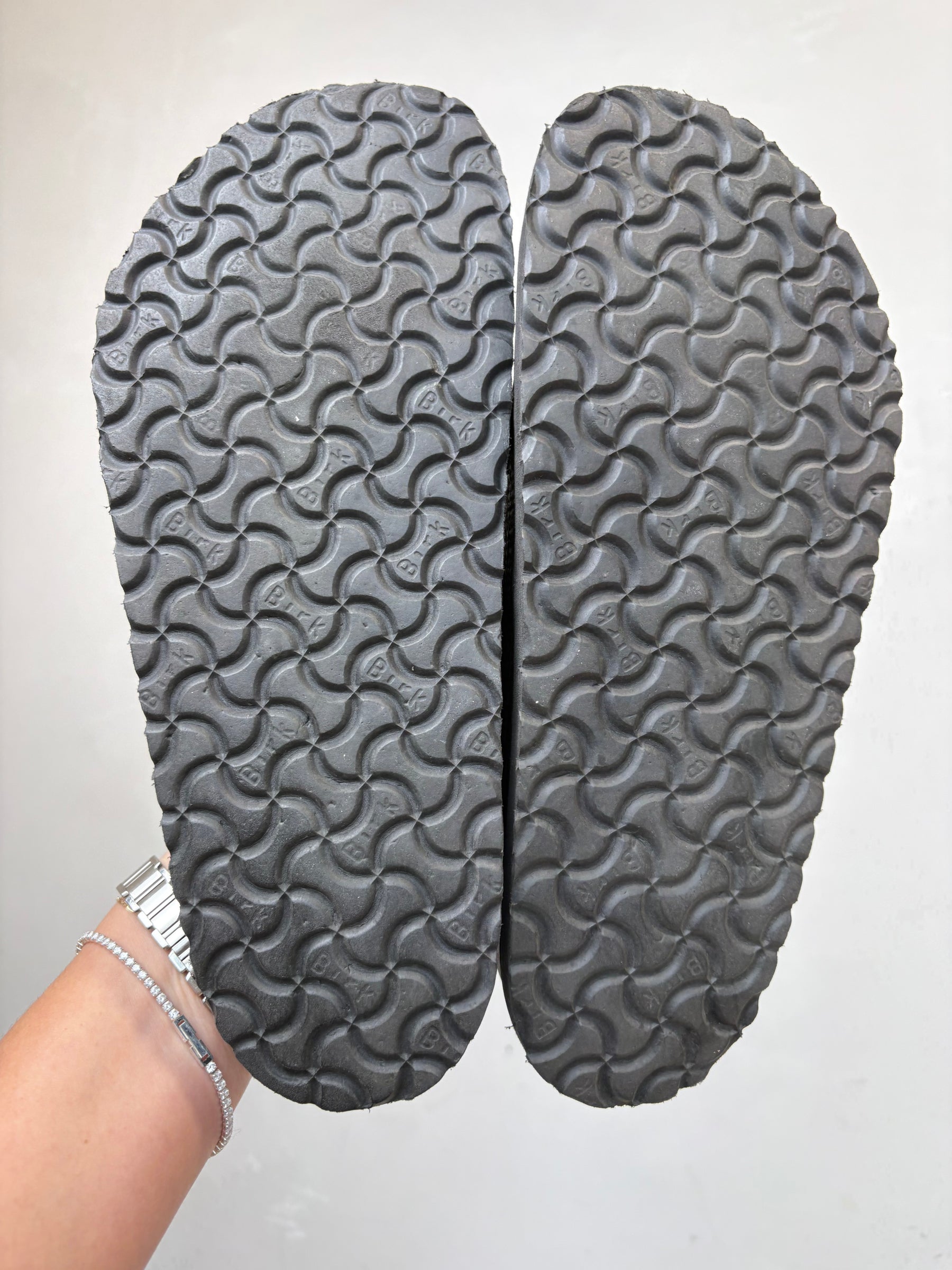 Birkenstock 1774 Black Leather and Navy Raffia Slides, 41