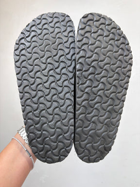 Birkenstock 1774 Black Leather and Navy Raffia Slides, 41