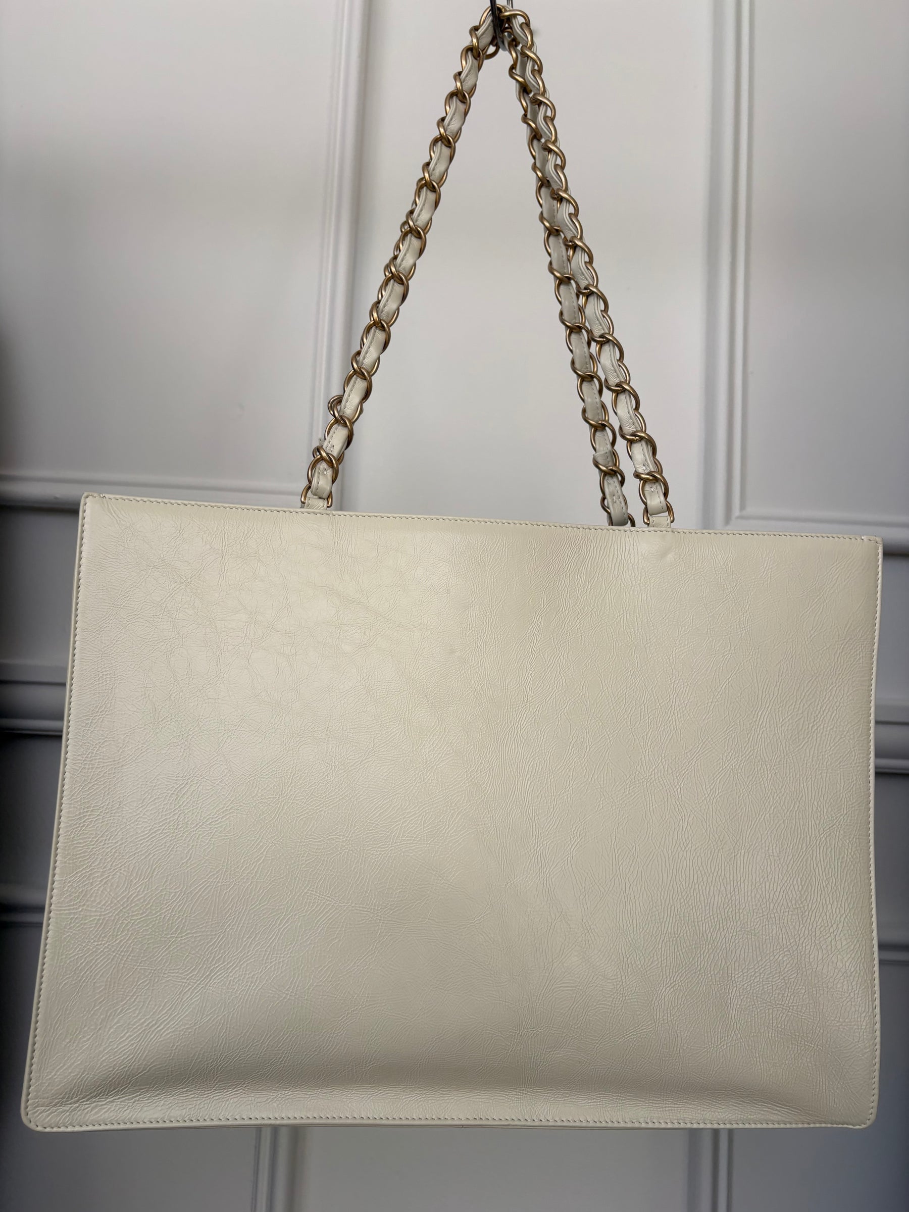 Chanel Cream Logo Shopper Chain Tote