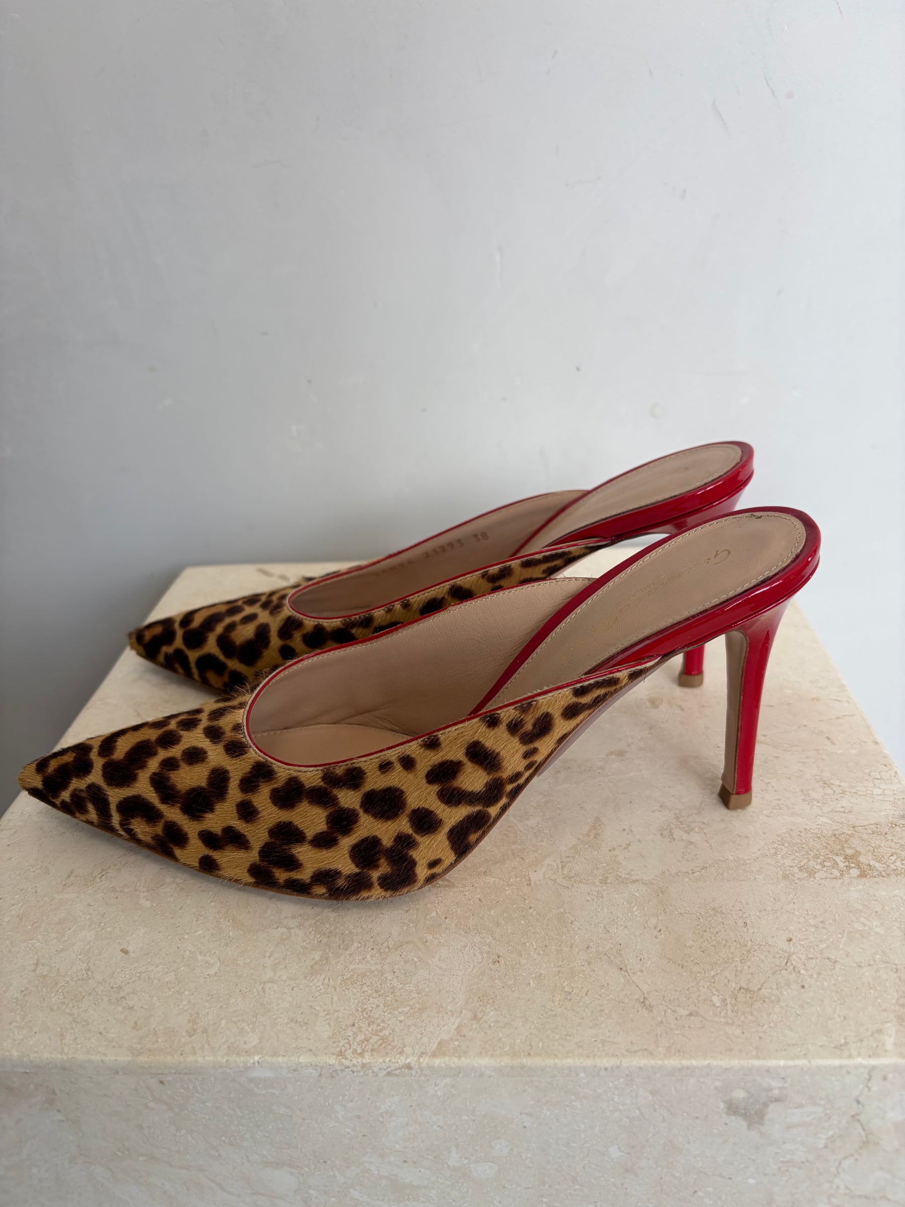 Gianvito Rossi Leopard Pony Hair and Red Patent Leather Pointed Mule, 38