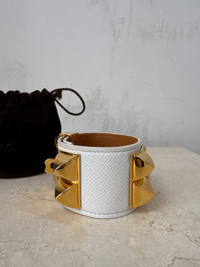 Hèrmes White Leather Collier De Chien Cuff Bracelet, S