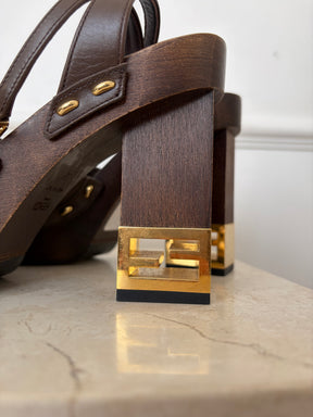 Fendi Brown Leather Platform Logo Heel Clogs, 38