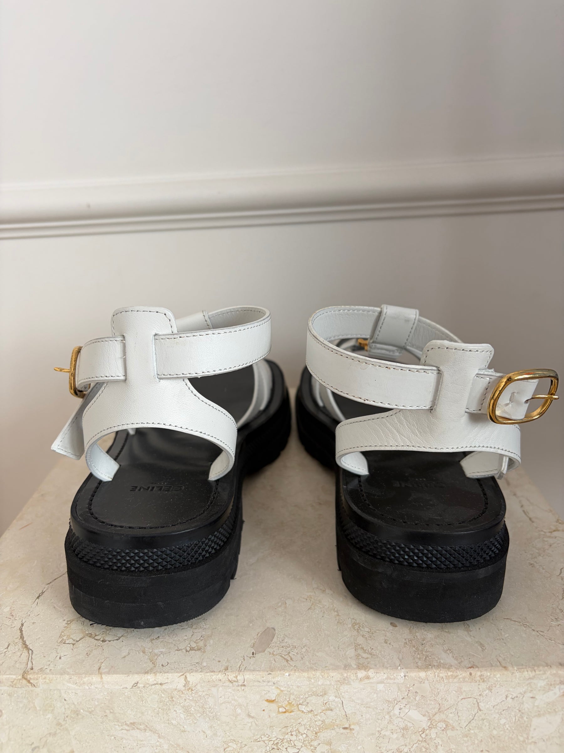 Celine Triomphe Clea White Leather Sandals, 37