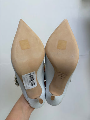 Jimmy Choo White Glitter Crystal Bing Mules, 38