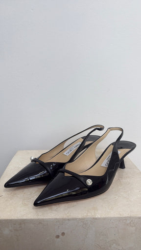 Jimmy Choo Black Patent Sling Backs, 39