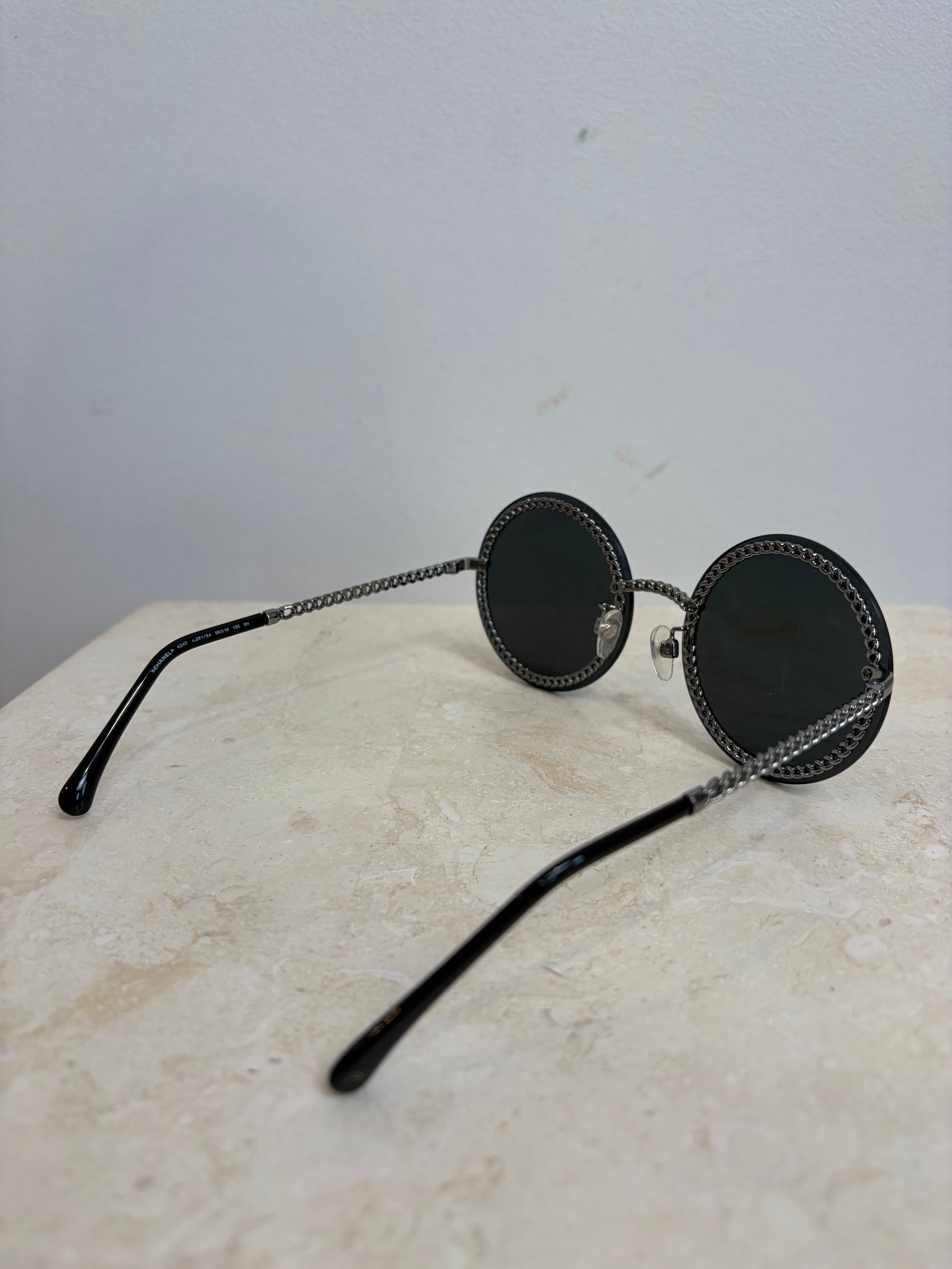 Chanel Black and Silver Chain Detail Round Sunglasses with Neck Chain