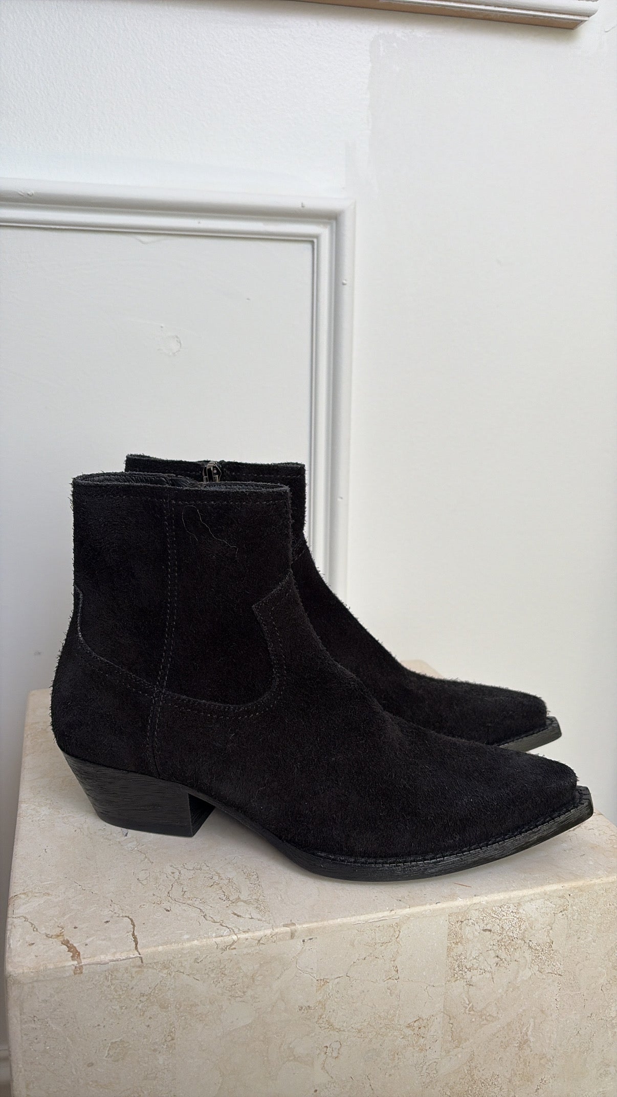 Saint Laurent Black Suede Western Boot, 37.5