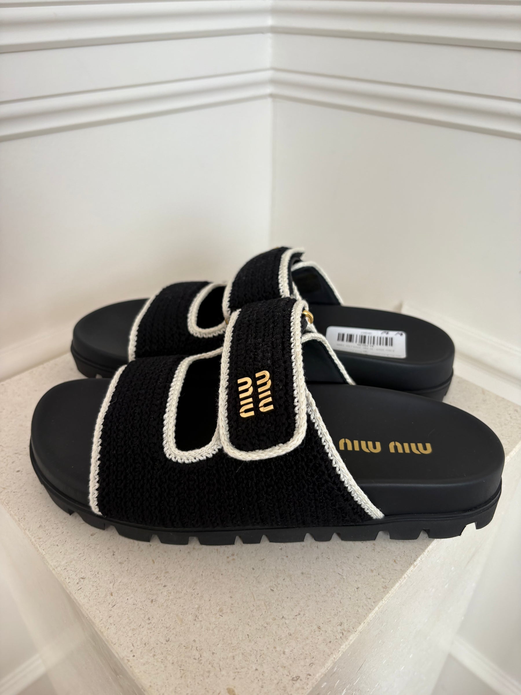 Miu Miu Black Crochet with White Knit Logo Slides, 40