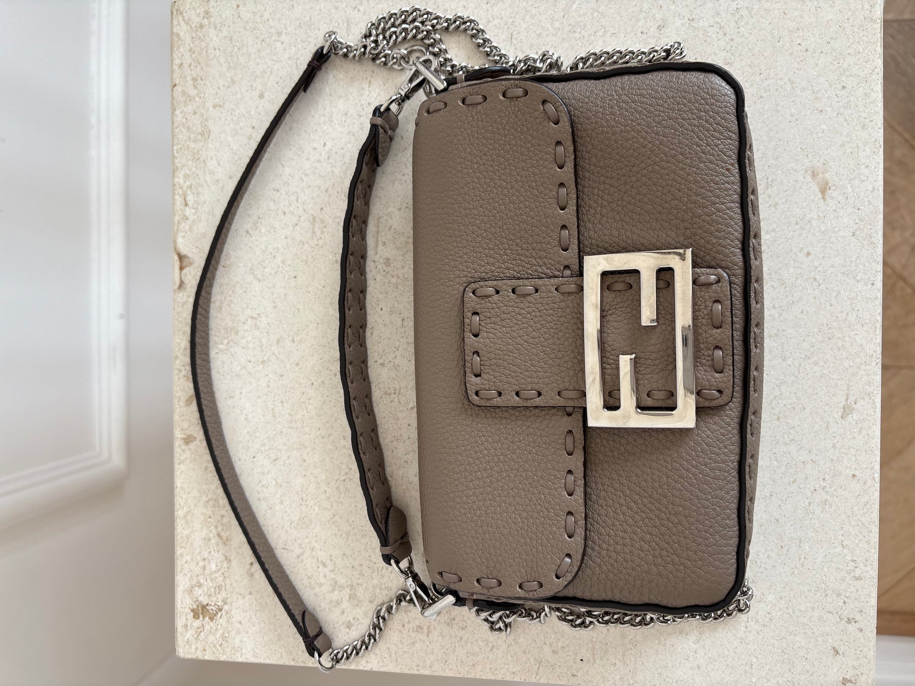 Fendi Dove Grey Calf Leather Baguette Bag