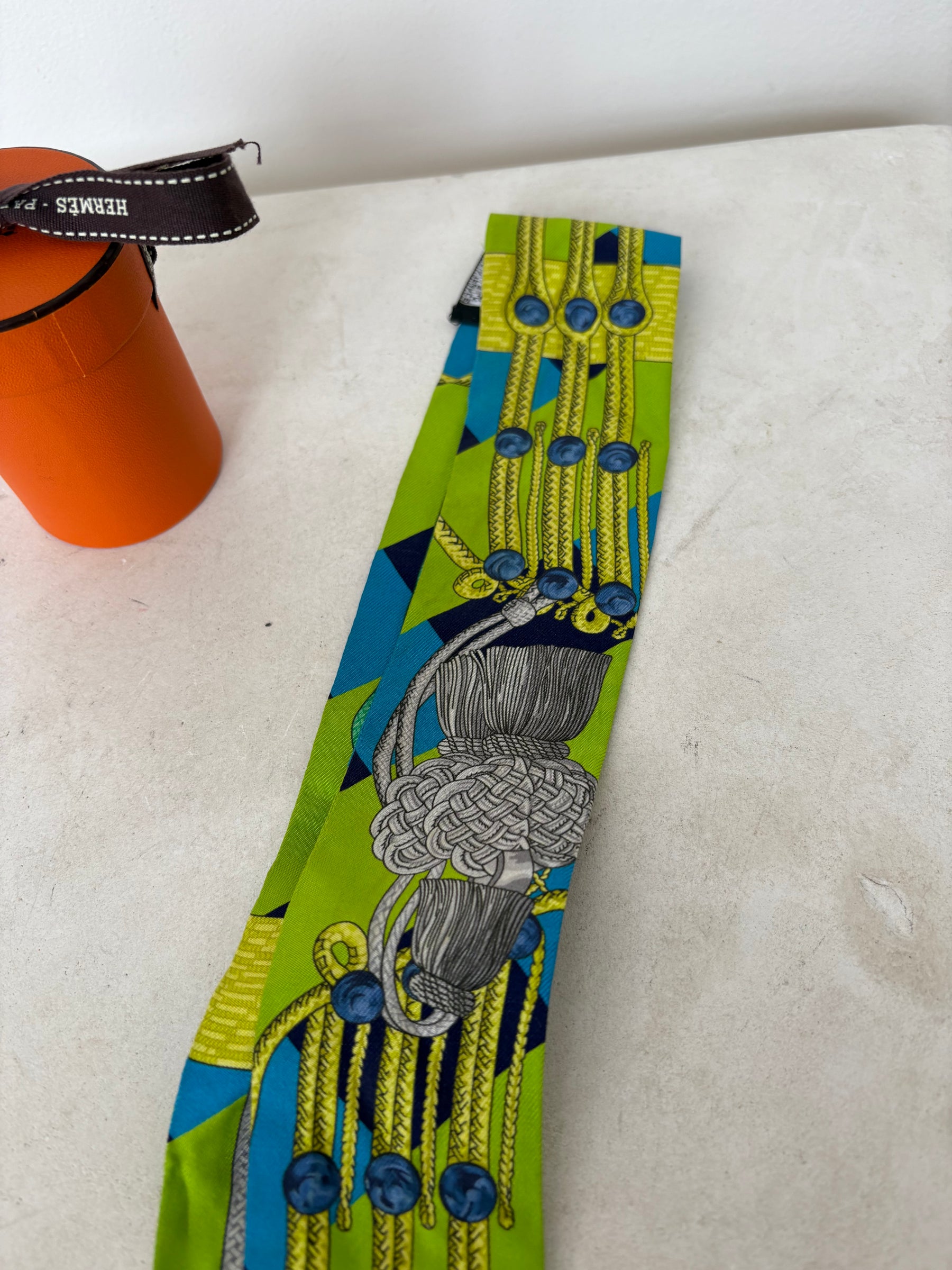 Hermès Green and Lime and Blue Equestrian Printed Twilly