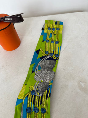 Hermès Green and Lime and Blue Equestrian Printed Twilly