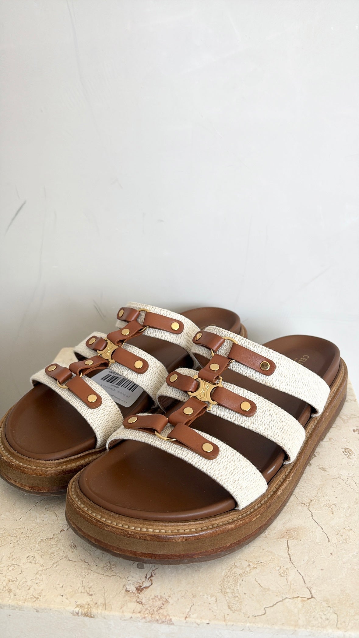 Celine Triomphe Wedge Mules Natural Brown, 40