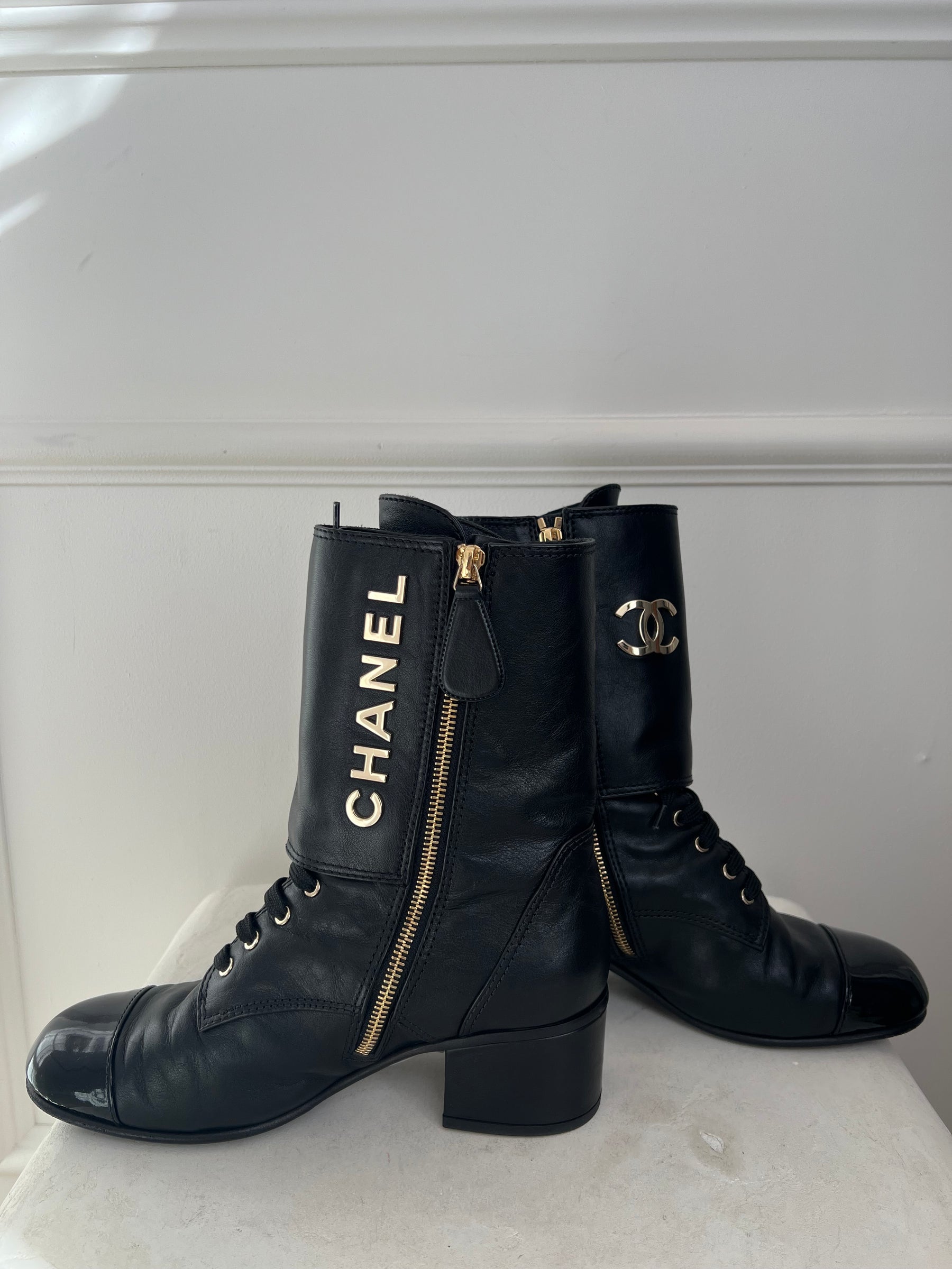 Chanel Black Leather Logo Press Stud Ankle Boots, 39.5