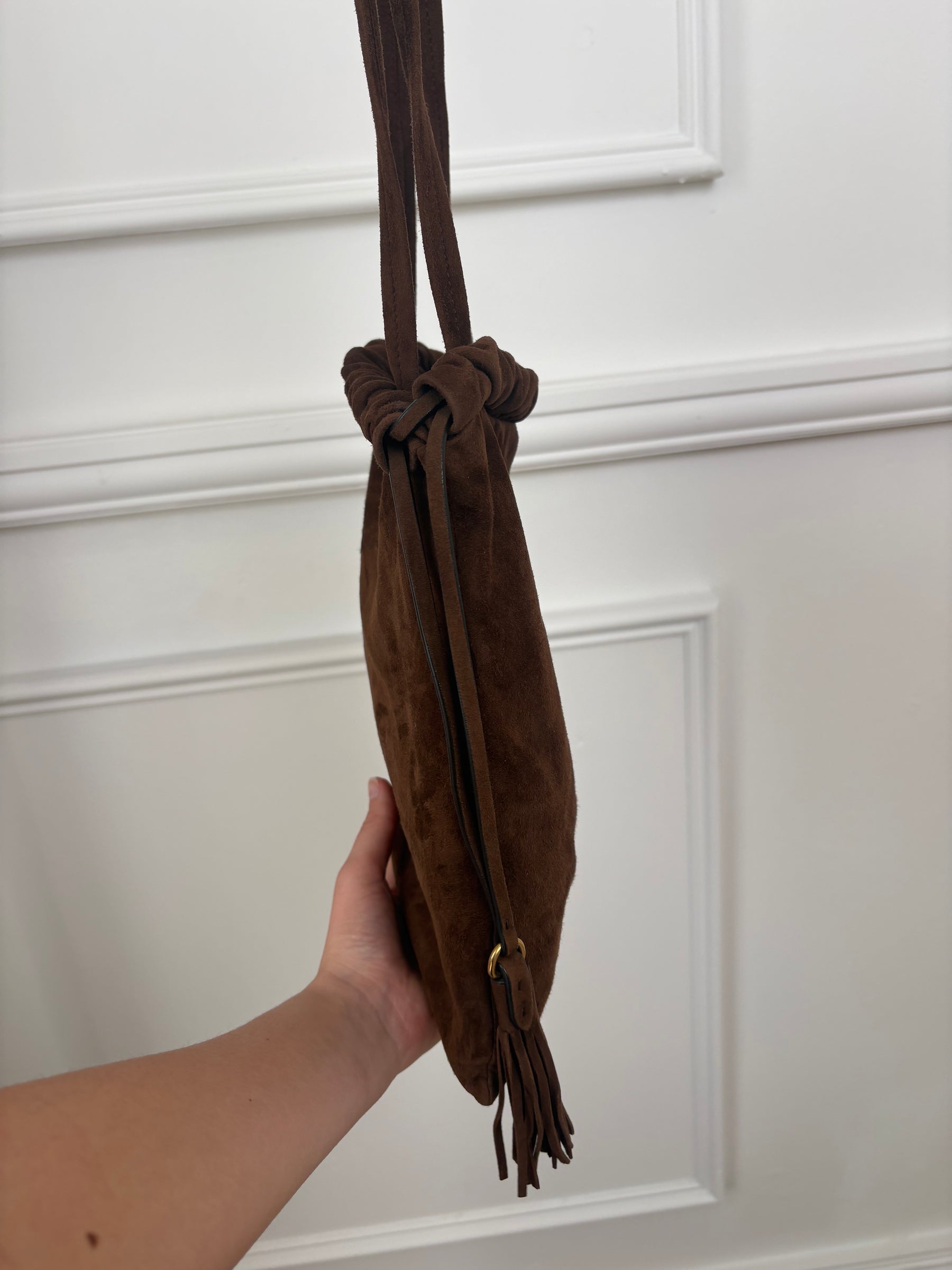 Miu Miu Suede Drawstring Bag In Chocolate
