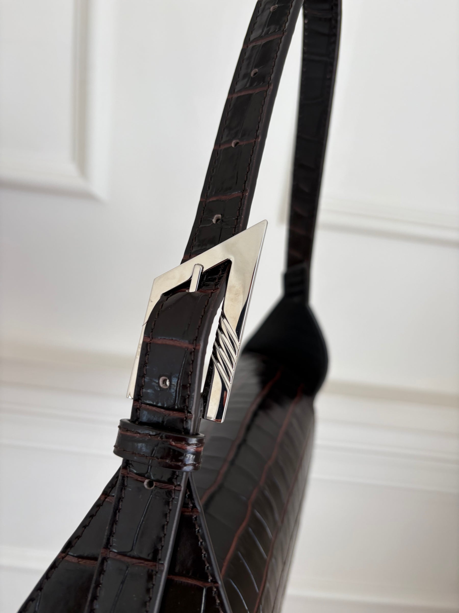 THE ATTICO Dark Brown Croc Embossed 7/7 Shoulder Bag