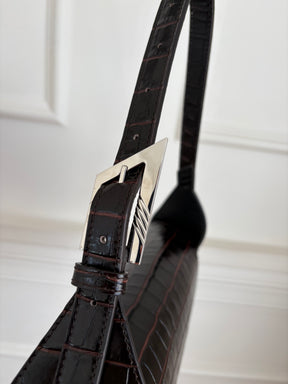 THE ATTICO Dark Brown Croc Embossed 7/7 Shoulder Bag