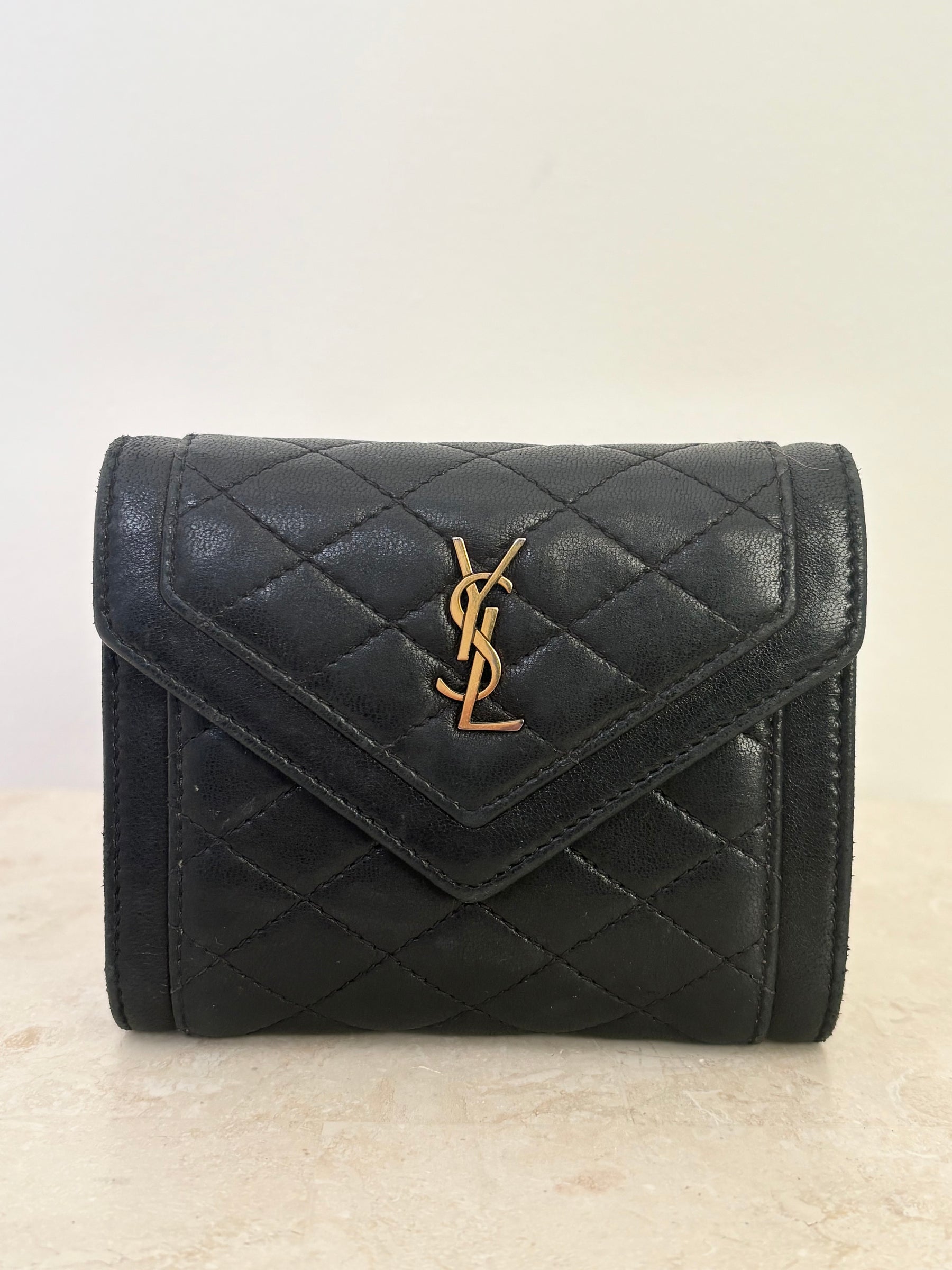 Saint Laurent Quilted Lambskin Tri Fold Wallet Black