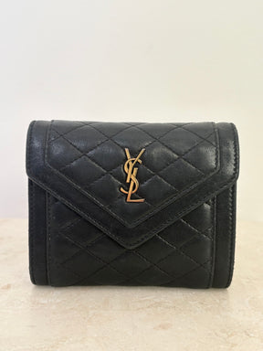 Saint Laurent Quilted Lambskin Tri Fold Wallet Black