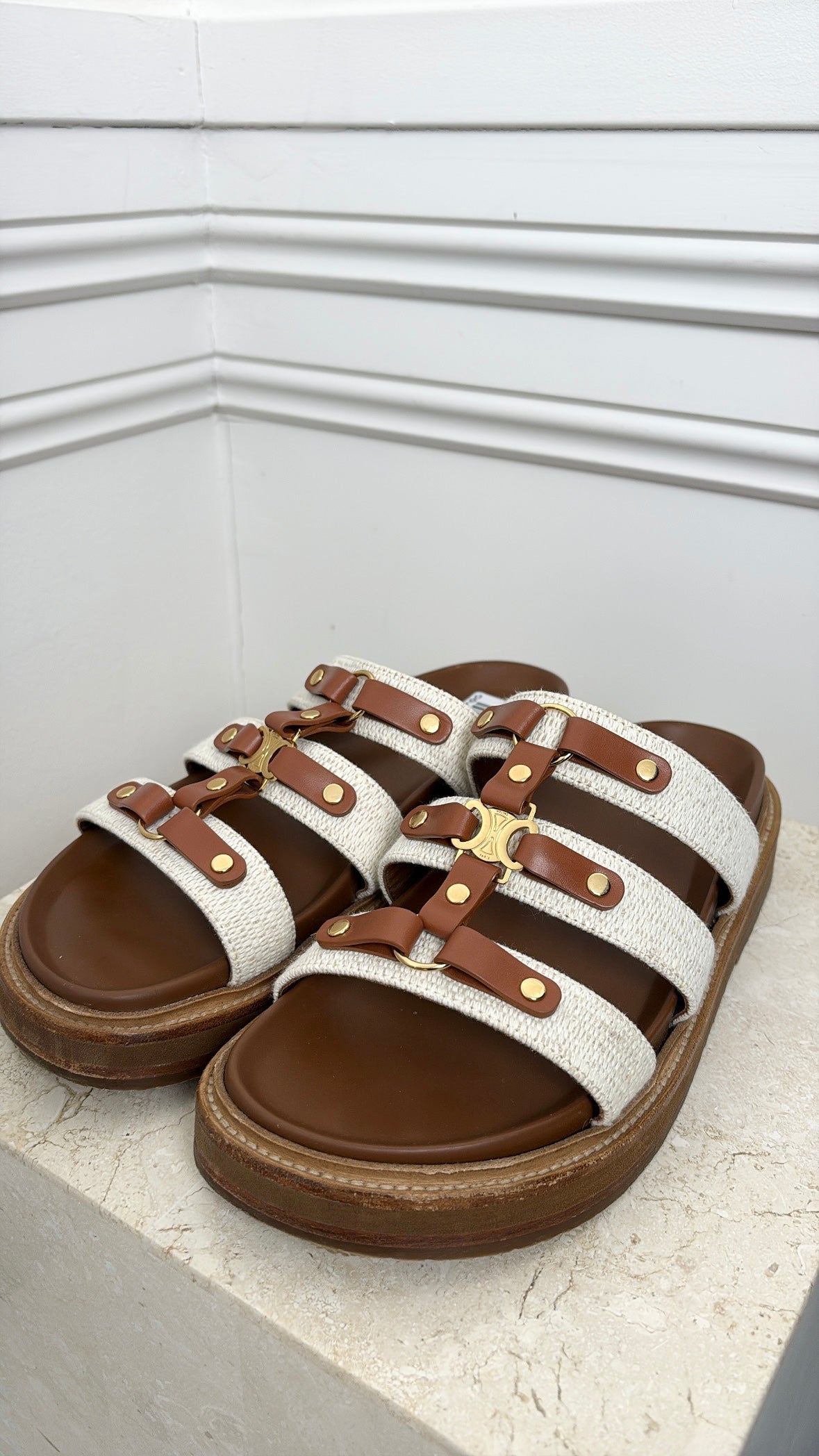 Celine Tan Leather and Cream Canvas Triomphe Tippi Slides