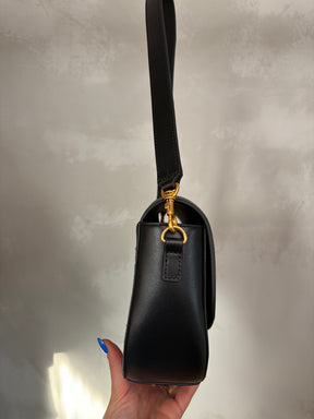 Oroton Black and Charcoal Monogram half Moon Flap Bag