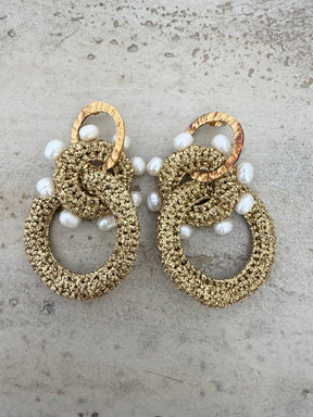 Lucy Folk Gold Metallic Crochet Hoop and Pearl Earrings