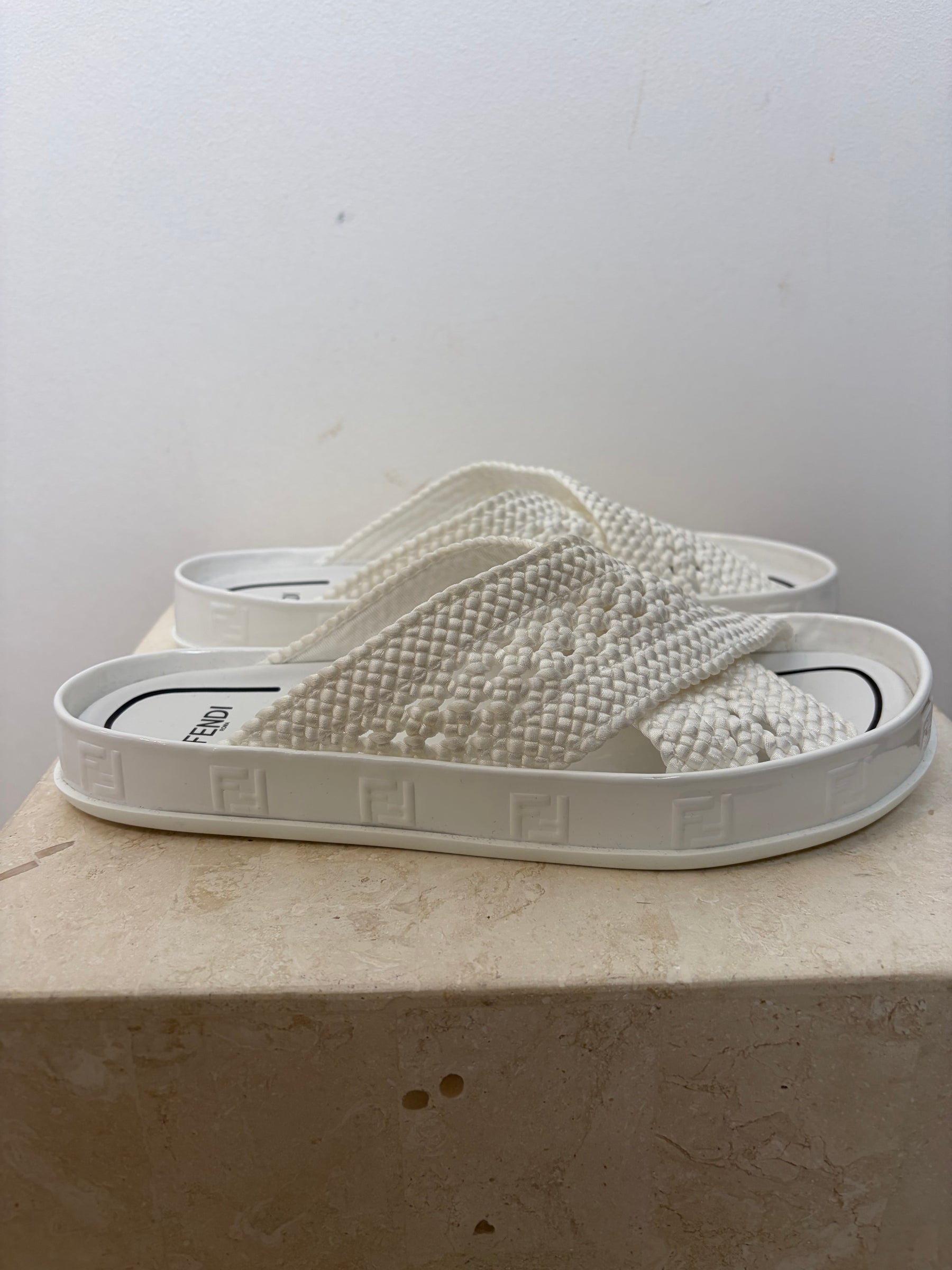 Fendi White Crochet Cross Over Flat Sandals, 37.5