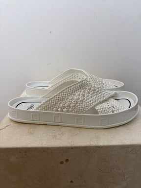 Fendi White Crochet Cross Over Flat Sandals, 37.5